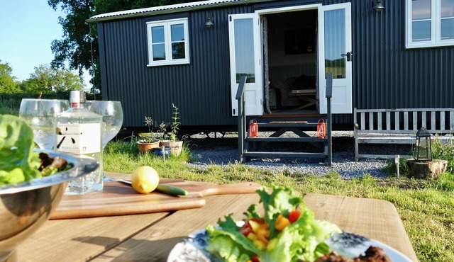 Large luxury shepherd's hut with hot tub in the stunning Welsh countryside.