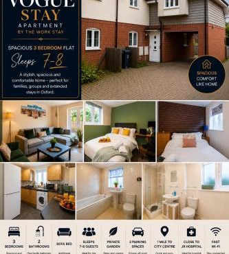 The Vogue Stay, 3 Bedrooms, 2 bathrooms, Ideal for JR & Oxford Hospitals, FREE CarPark, Conveniently located for Ring Road access, 2 miles from Oxford City Centre easy car & bus route